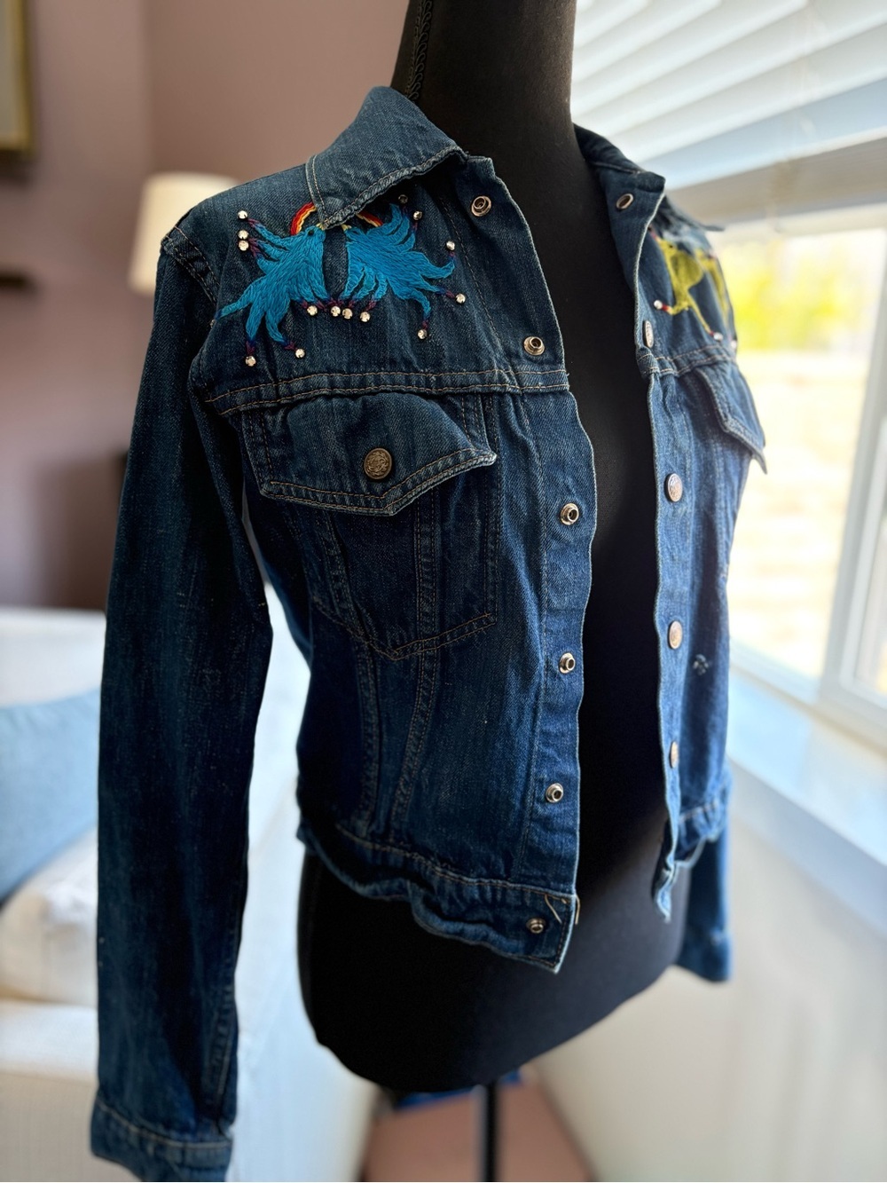 Embroidered Upcycled Dark Blue Denim Jacket w Snap Closure - Unique Handmade - Picture 5 of 14